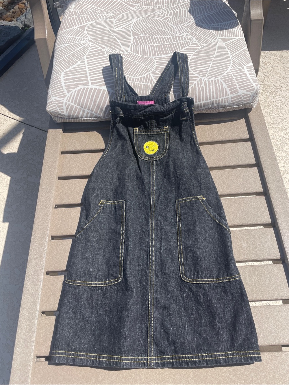 Isaac Mizrahi Black Denim Overall Dress with Yellow Smiley Patch 8